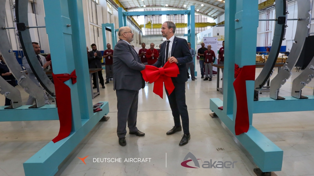 Cesar Silva and Nico Neumann at Akaer forward fuselage assembly line for D328eco regional turboprop in São José dos Campos, Brazil.